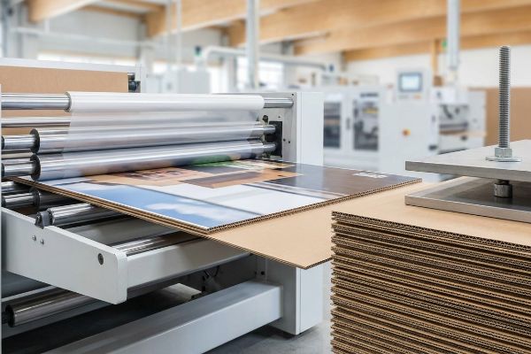 Corrugated board with a printed top sheet undergoing litho-lamination by machine rollers, next to a stack of boards.
