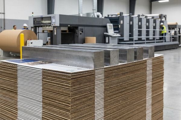 Metal weights apply dead-weight pressure on stacked litho-laminated corrugated boards, curing them near a Heidelberg printing press.