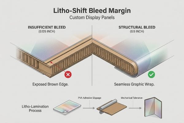 A diagram illustrates Litho-Shift Bleed Margin, comparing 0.125-inch insufficient bleed with exposed brown edge to 0.5-inch structural bleed for seamless graphic wrap.
