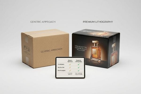 Generic vs Premium Packaging Plain 'Generic Approach' corrugated box and glossy 'Premium Lithography' box, with a table comparing visual quality and shelf perception.