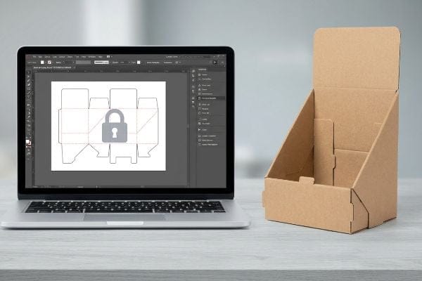 A silver laptop displays a locked dieline packaging template next to an unassembled kraft corrugated display stand, illustrating structural design.