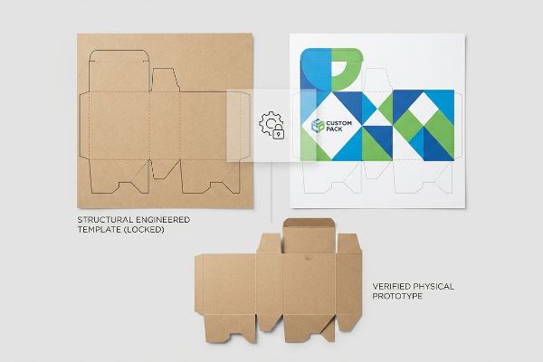 Brown cardboard structural engineered template (locked) shown with Custom Pack graphics overlay and a verified physical prototype, illustrating packaging design workflow.