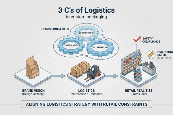 Infographic: 3 C's of Logistics in custom packaging, showing Communication, Coordination, Collaboration, Brand Vision, Logistics, Retail Realities, Safety Compliance, and ADA Reach.
