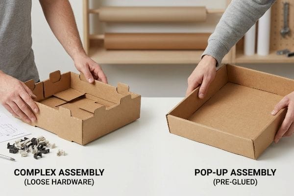 Hands compare Complex Assembly with loose hardware to Pop-Up Assembly pre-glued cardboard retail display boxes.