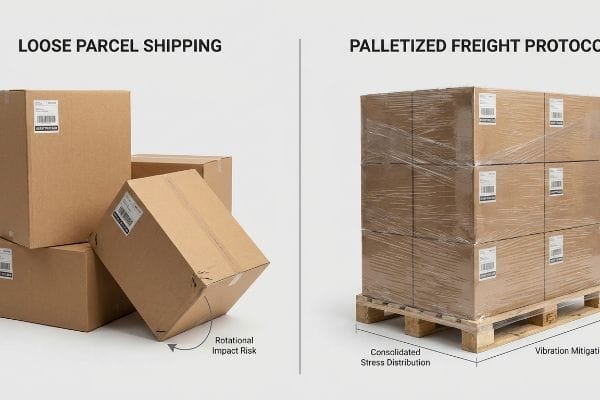 Brown cardboard boxes for Loose Parcel Shipping illustrate Rotational Impact Risk, with one box tilted precariously.