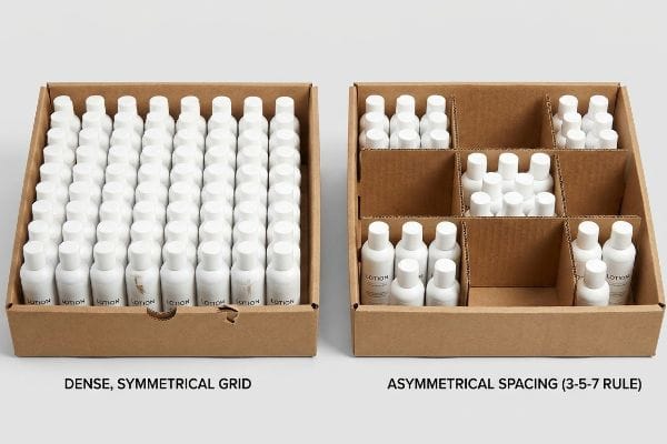 Brown cardboard boxes display white lotion bottles, contrasting a dense, symmetrical grid with asymmetrical spacing (3-5-7 Rule) for retail merchandising.