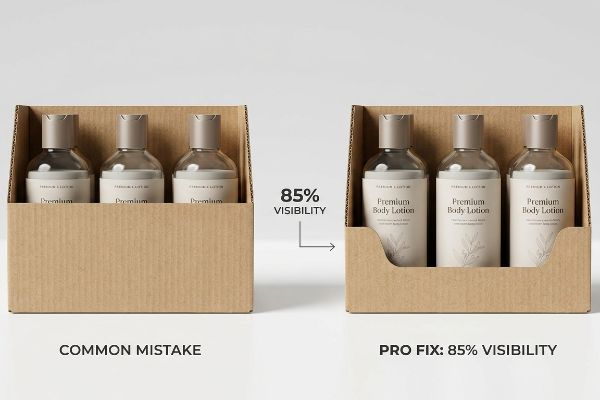 Brown corrugated cardboard display comparing a Common Mistake with high walls obscuring Premium Lotion bottles to a Pro Fix with 85% Visibility.