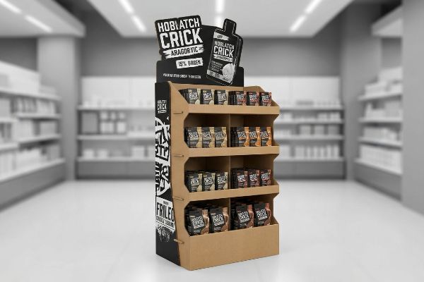 Natural kraft corrugated cardboard display for Hobiatch Crick products, featuring a die-cut header and four-tier shelves with low retaining lips.