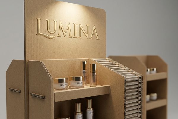 Brown corrugated cardboard cosmetic POP display with a raised gold embossed Lumina logo and beauty products.
