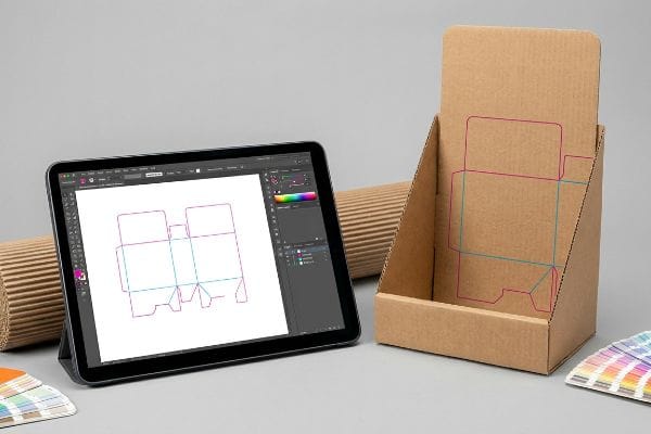 Corrugated cardboard display stand with magenta cut lines and cyan crease lines, alongside a tablet displaying a digital dieline in Adobe Illustrator.