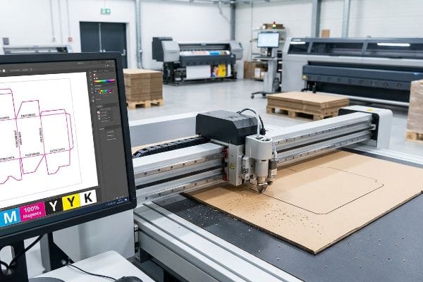 Digital Dieline Cutting Process Monitor displays a structural dieline with 'Fold Crease' and 'Cutting Path' using 100% Magenta CMYK, as a CNC cutting table processes corrugated cardboard.