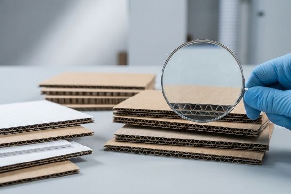 A gloved hand uses a magnifying glass to inspect the corrugated flutes of stacked virgin kraft and recycled testliner boards.