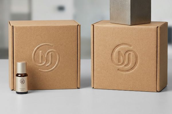 Brown kraft cardboard boxes with debossed logo, alongside an amber Maison Blanc Eau de Parfum bottle.