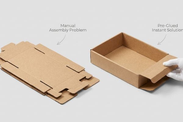 Kraft paperboard flat-pack trays for Manual Assembly Problem contrasted with a Pre-Glued Instant Solution tray folded by a gloved hand.