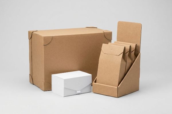 Brown corrugated master carton, white tuck-end box, and kraft paper bags in a retail display.