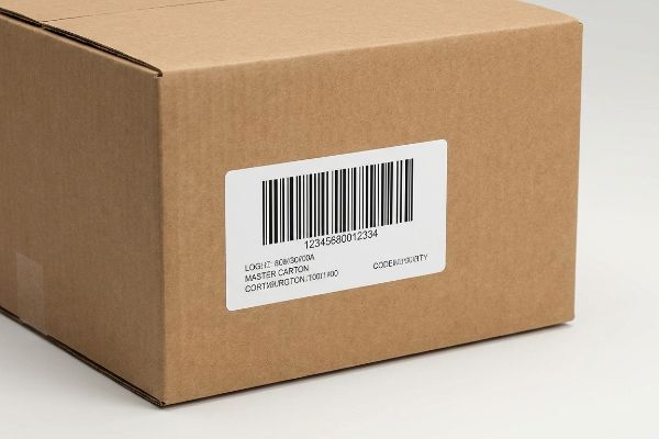 Brown corrugated cardboard master carton featuring a white logistics label with a UCC barcode and the number 12345680012334.
