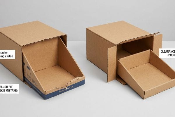Brown corrugated master shipping cartons show 'Flush Fit (Rookie Mistake)' with a torn retail tray, contrasting 'Clearance (Pro Fix)'.
