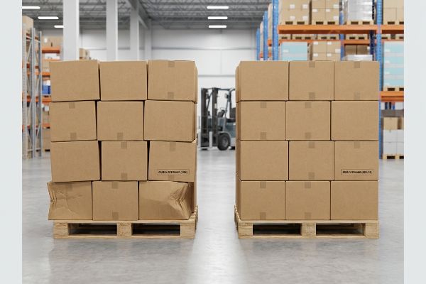 Brown master cartons on wooden pallets, showing 'Crash Overhang' and 'Zero Overhang' boxes, demonstrating proper alignment.