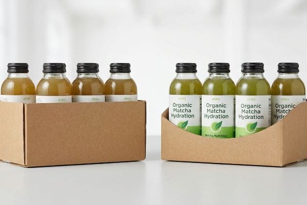 Matcha Hydration Tray Visibility Brown corrugated trays display aloka Organic Matcha Hydration bottles, contrasting hidden labels with a custom die-cut swoop for full visibility.