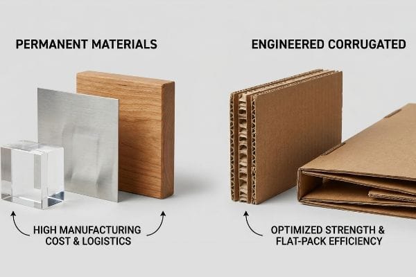 Permanent Materials (acrylic, metal, wood) contrasted with Engineered Corrugated, showing high manufacturing cost vs. flat-pack efficiency.