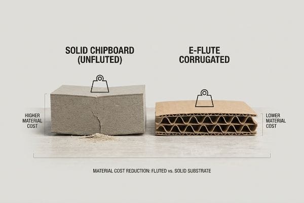 Solid Chipboard (Unfluted) with higher material cost and cracking, contrasted with E-Flute Corrugated for lower material cost, demonstrating material cost reduction.