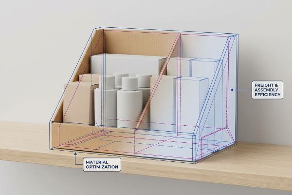A cardboard PDQ display with white product packaging, overlaid with a structural wireframe highlighting Material Optimization and Freight & Assembly Efficiency.