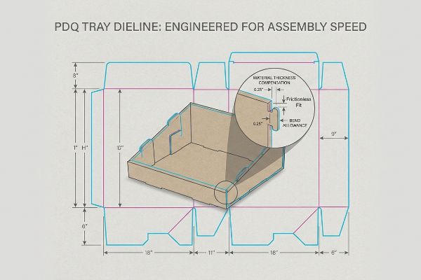 PDQ Tray Dieline: Engineered For Assembly Speed blueprint, detailing material thickness compensation and frictionless fit.