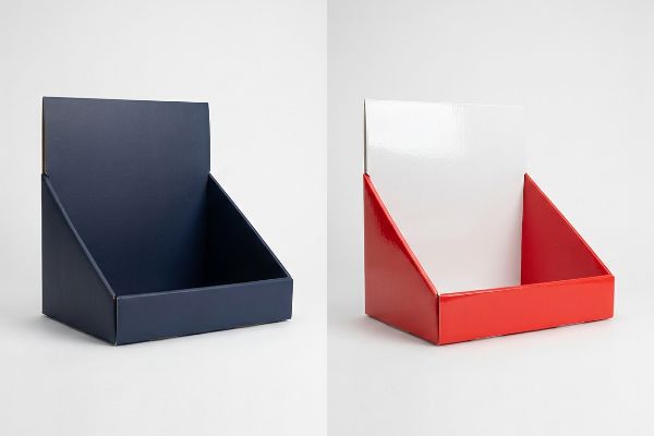 Matte navy blue and glossy red countertop display boxes showcase different packaging finishes for retail merchandising.