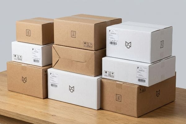 صناديق مخصصة بالجملة صناديق تغليف بالجملة مطبوعة حسب الطلب، باللونين البني والأبيض، تحمل شعارات "MC" وملصقات الشحن، موضوعة على طاولة خشبية.