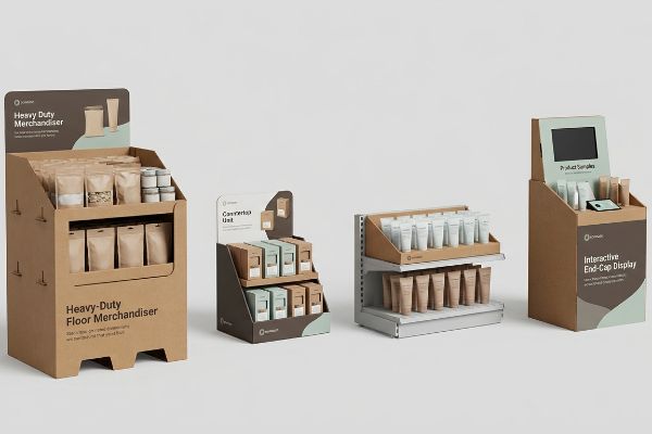 Four distinct retail displays: a Heavy-Duty Floor Merchandiser, a Countertop Unit, standardized shelf trays, and an Interactive End-Cap Display with product samples.
