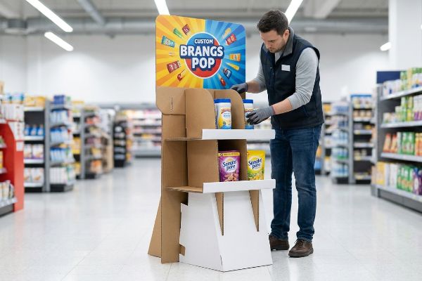 Brown corrugated cardboard POP display with 'Custom Brangs Pop' header, being stocked by a merchandiser in a retail aisle.
