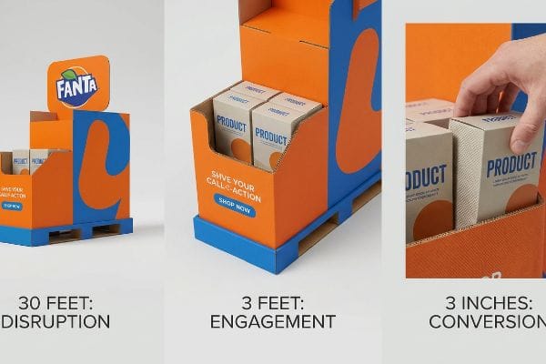 Corrugated display illustrates the 3-3-3 merchandising rule: 30 Feet Disruption, 3 Feet Engagement, 3 Inches Conversion, with Fanta and Product boxes.