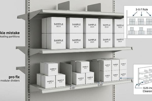 Two retail shelves illustrate merchandising, showing tightly packed Sample Boxes (rookie mistake) versus modular dividers with 0.25-inch clearance and the 3-5-7 Rule for optimal asymmetrical layouts.