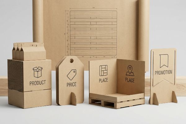 Kraft cardboard displays illustrating the 4 P's of merchandising: Product, Price, Place, and Promotion, with a blueprint in the background.