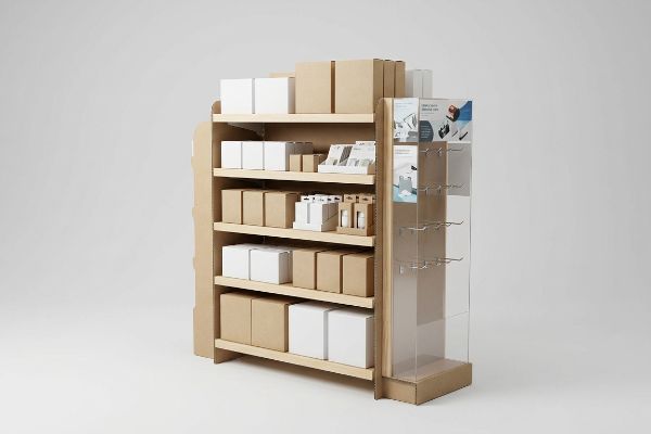 A minimalist retail display rack with five wooden shelves holding white and kraft boxes, plus an acrylic side panel with hooks and promotional cards.