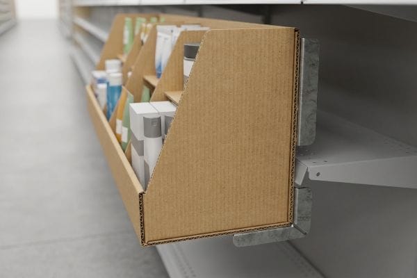 A corrugated cardboard sidekick unit, filled with products, secured to a retail shelf by metal brackets.