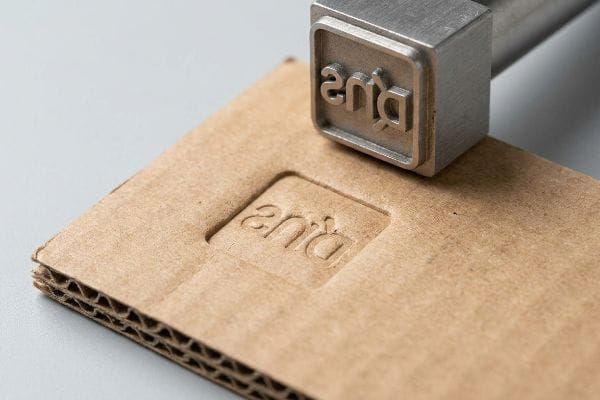 A metal debossing die presses into corrugated cardboard, creating a debossed Anta logo for a premium tactile texture.