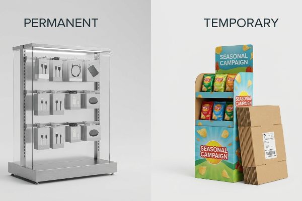 Comparing a Permanent metal and glass display of electronics with a Temporary corrugated Lay's chips display for a Seasonal Campaign, next to flat-packed boxes.