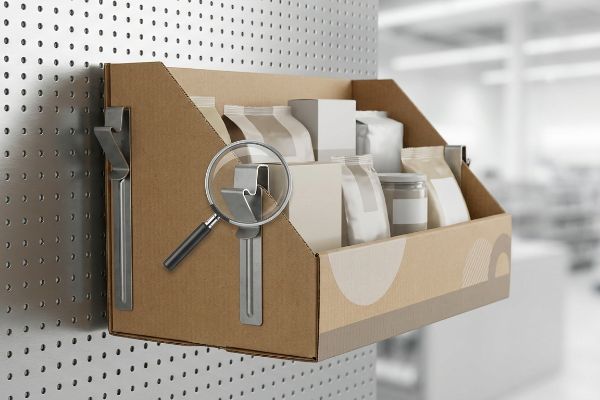 Metal S-clip system securing a cardboard sidekick display with retail products to a pegboard, highlighted by a magnifying glass.