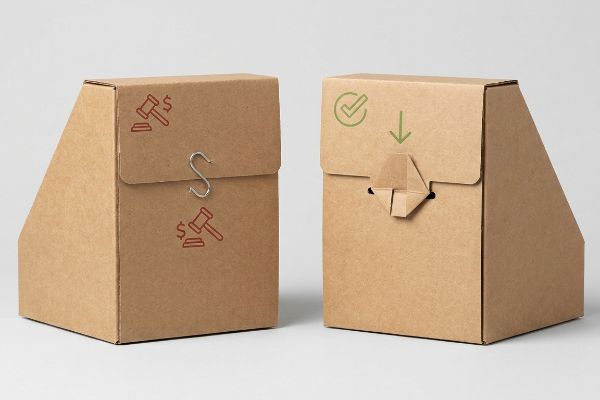 Kraft paper display boxes, one with a metal S-clip and red gavel-dollar stamps, the other with a mono-material paper lock and green checkmark.