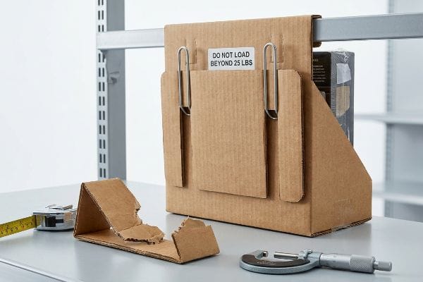Brown cardboard display unit with metal S-clips on a shelf, featuring a