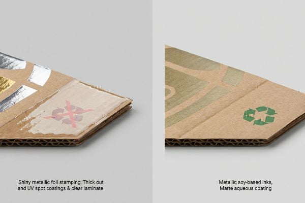 Shiny metallic foil and UV spot coatings on cardboard contrasted with metallic soy-based inks and aqueous coating.