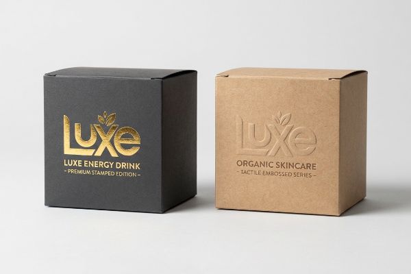 A dark gray Luxe Energy Drink box with gold foil stamping and 'Premium Stamped Edition' stands beside a kraft brown Luxe Organic Skincare box with tactile embossing and 'Tactile Embossed Series'.