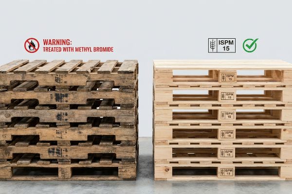 Methyl bromide treated wooden pallets with a 'Warning: Treated With Methyl Bromide' sign contrasted by new ISPM 15 heat-treated pallets.