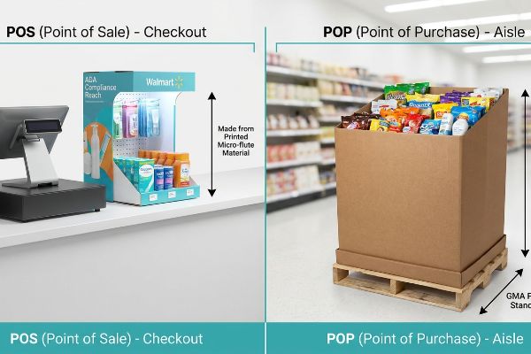 Printed micro-flute Walmart Pos display at checkout, highlighting Ada Compliance Reach, contrasted with a Gma pallet Pop aisle display.