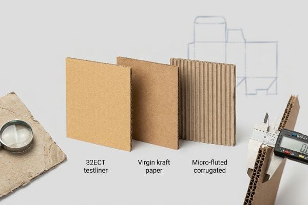 Comparing 32ECT Testliner, Virgin Kraft Paper, and Micro-Fluted Corrugated cardboard materials, with a caliper measuring board thickness.