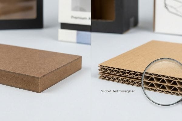 Papelão aglomerado marrom sólido contrastando com papelão ondulado micro-ondulado, cujas ondulações internas são ampliadas para maior resistência da embalagem.