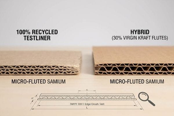 Micro-fluted Samium corrugated samples: 100% Recycled Testliner and Hybrid (30% Virgin Kraft Flutes), plus Tappi T811 Edge Crush Test.