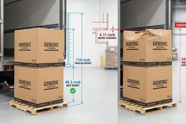 Generic Designed cardboard boxes on pallets, comparing 110-inch trailer height with 48.5-inch max height and 0.11-inch micro-variance causing crushing.
