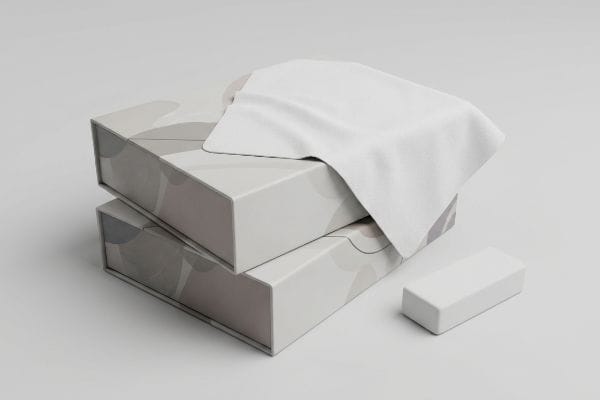 White microfiber cloth draped over two stacked light gray boxes with abstract patterns, alongside a white artist eraser for collectible packaging cleaning.